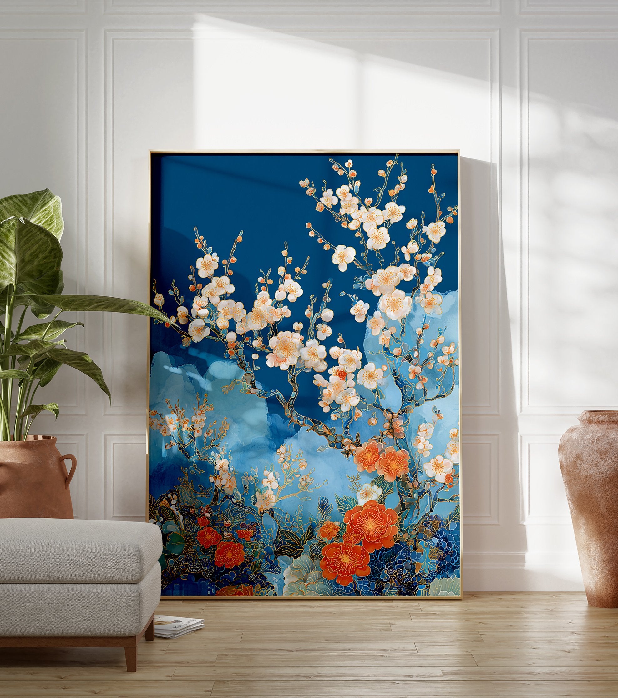 Japanese Cherry Blossom poster with white and orange flowers on a blue background in an illustrative style. - Image 3