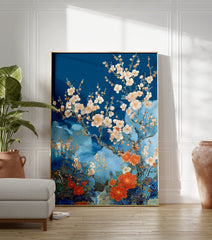 Japanese Cherry Blossom poster with white and orange flowers on a blue background in an illustrative style. - Image 3