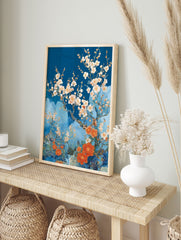 Japanese Cherry Blossom poster with white and orange flowers on a blue background in an illustrative style. - Image 4