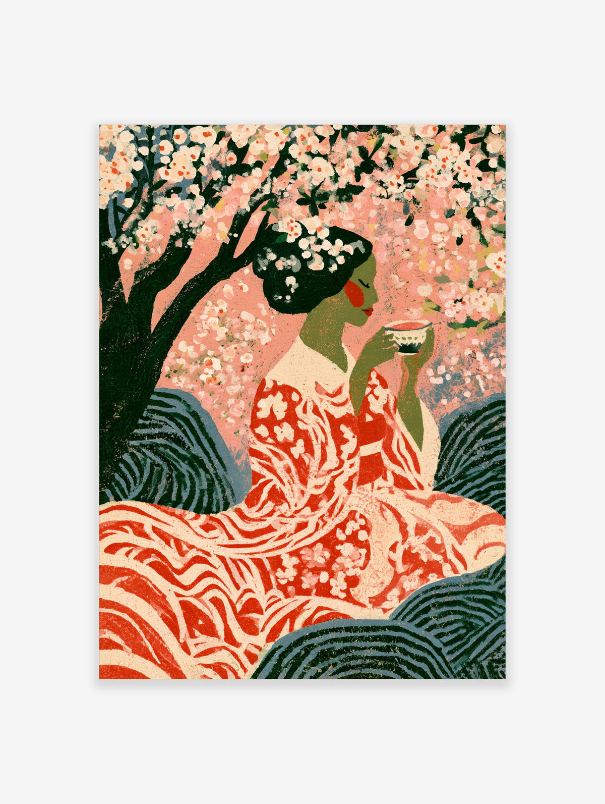 Japanese cherry blossom poster with green-skinned woman in red kimono drinking tea