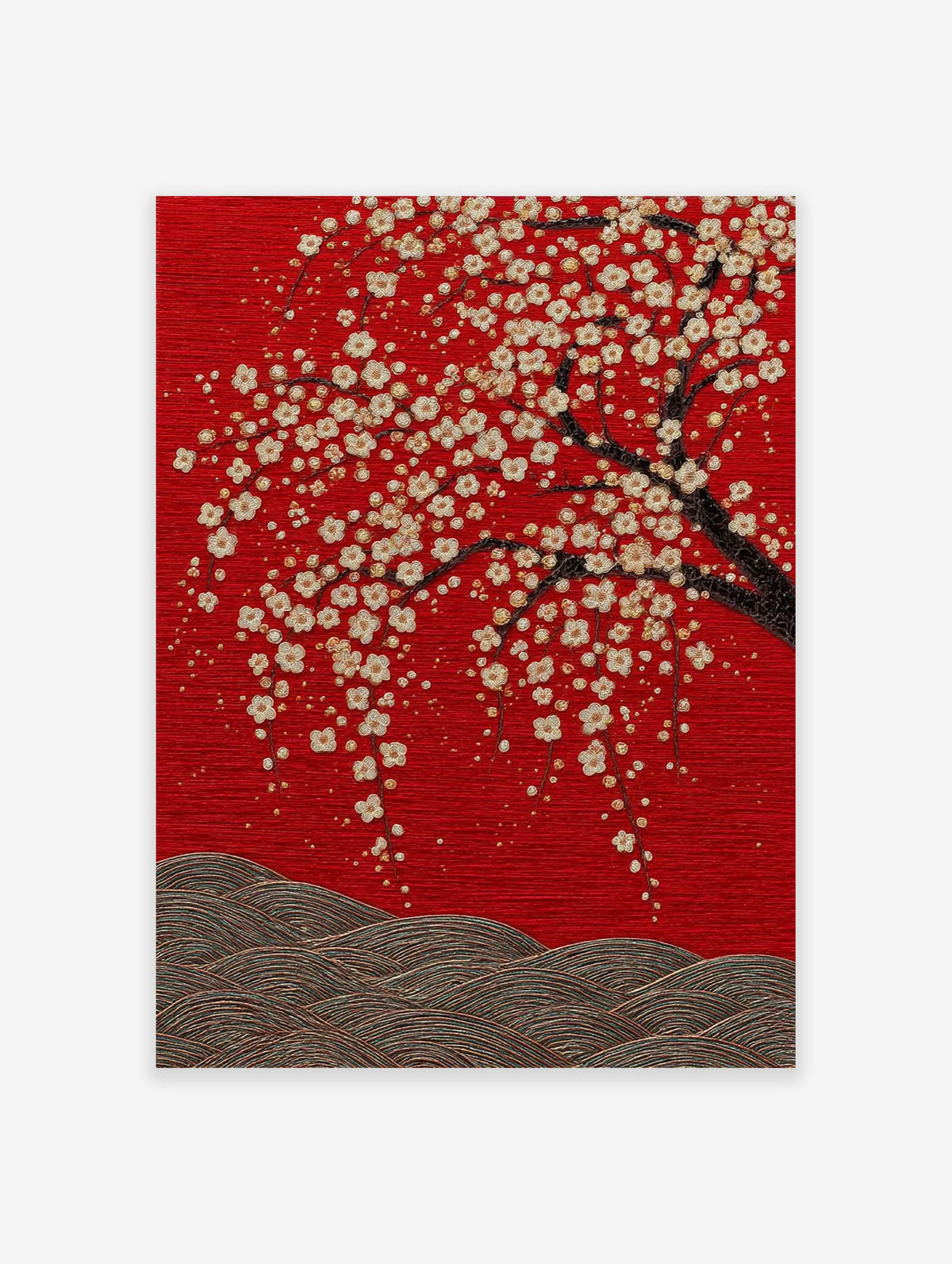 Japanese Cherry Blossom poster featuring white and gold flowers on a dark tree branch against a vibrant red textured background with waves.