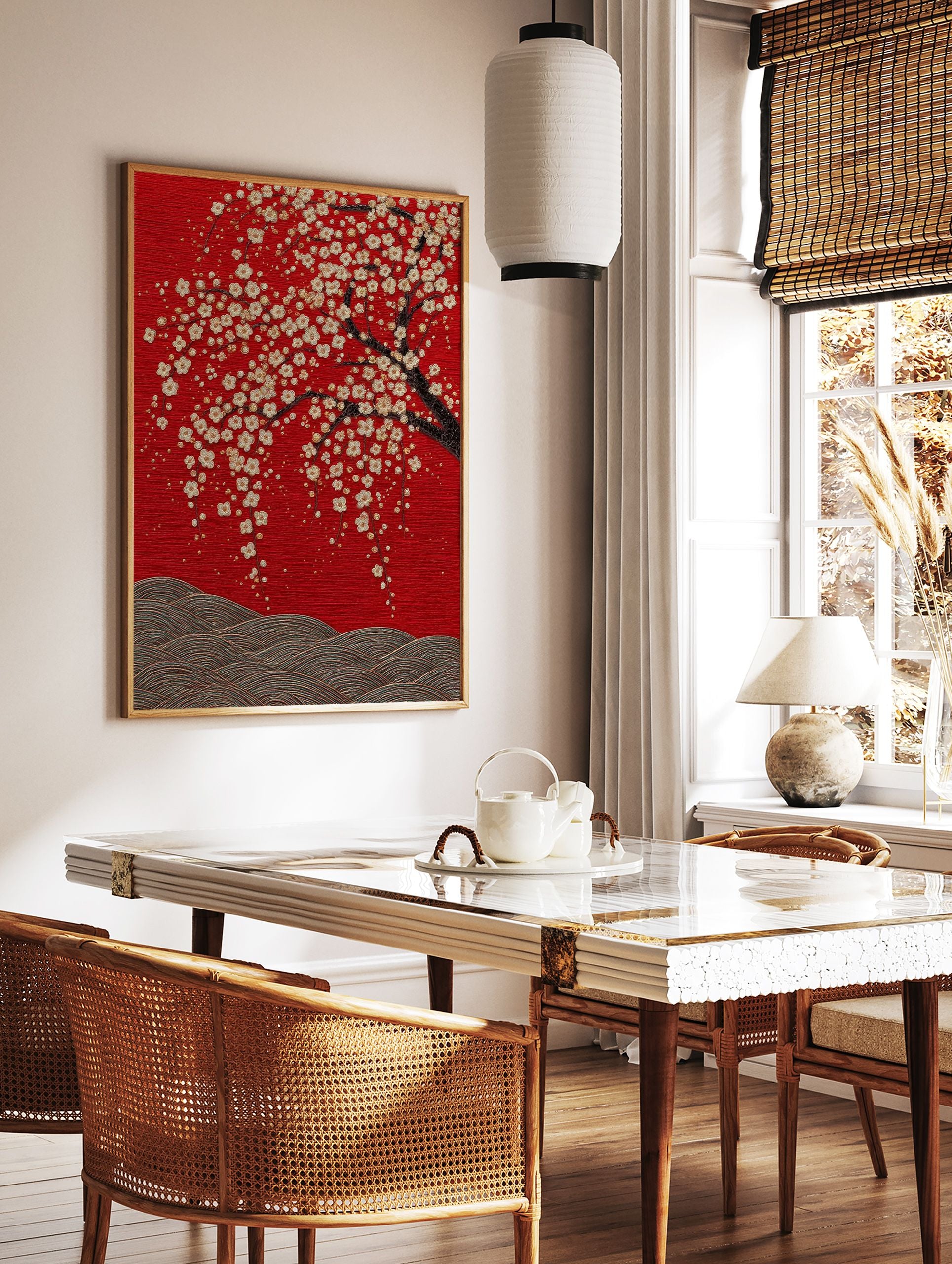 Japanese Cherry Blossom poster featuring white and gold flowers on a dark tree branch against a vibrant red textured background with waves. - Image 2