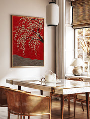 Japanese Cherry Blossom poster featuring white and gold flowers on a dark tree branch against a vibrant red textured background with waves. - Image 2