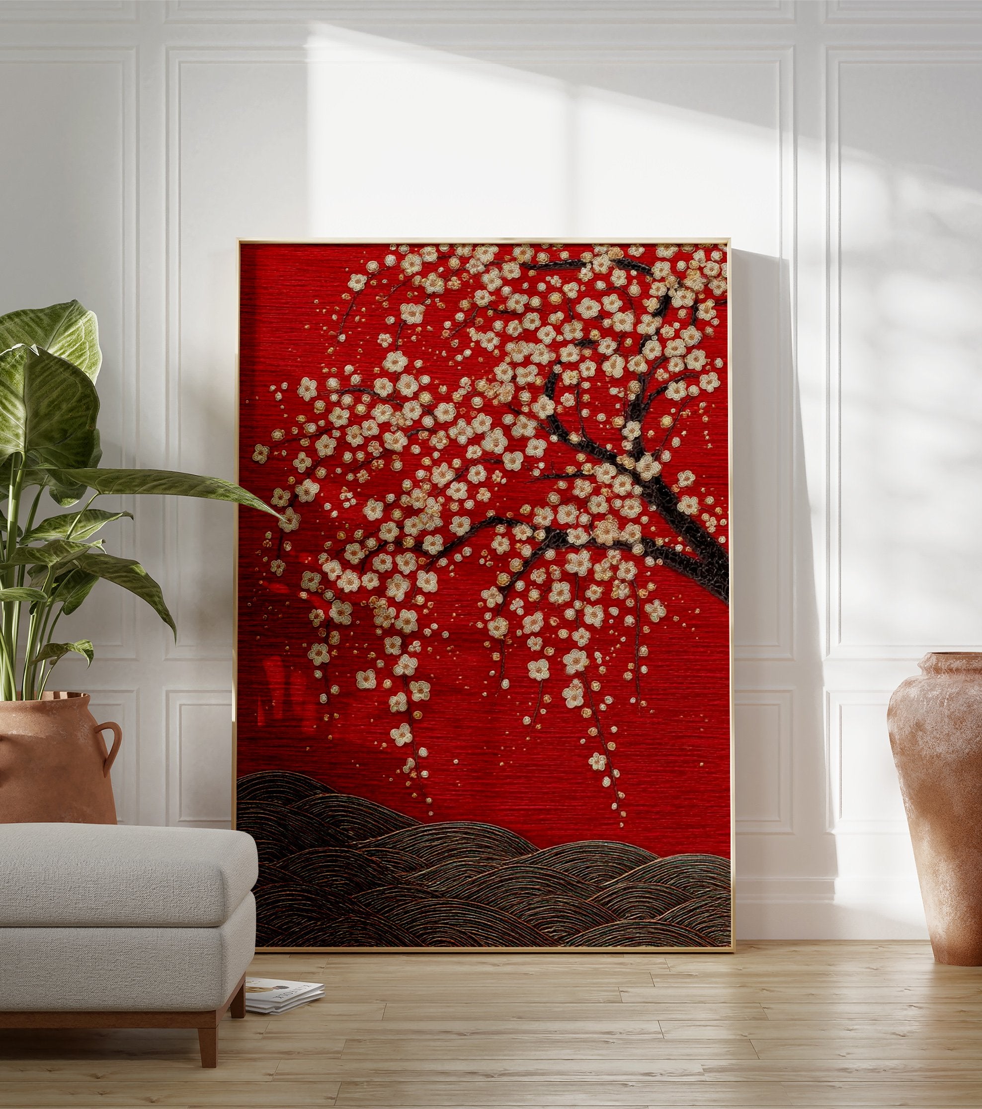 Japanese Cherry Blossom poster featuring white and gold flowers on a dark tree branch against a vibrant red textured background with waves. - Image 3