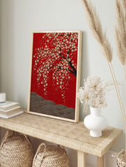 Japanese Cherry Blossom poster featuring white and gold flowers on a dark tree branch against a vibrant red textured background with waves. - Image 4