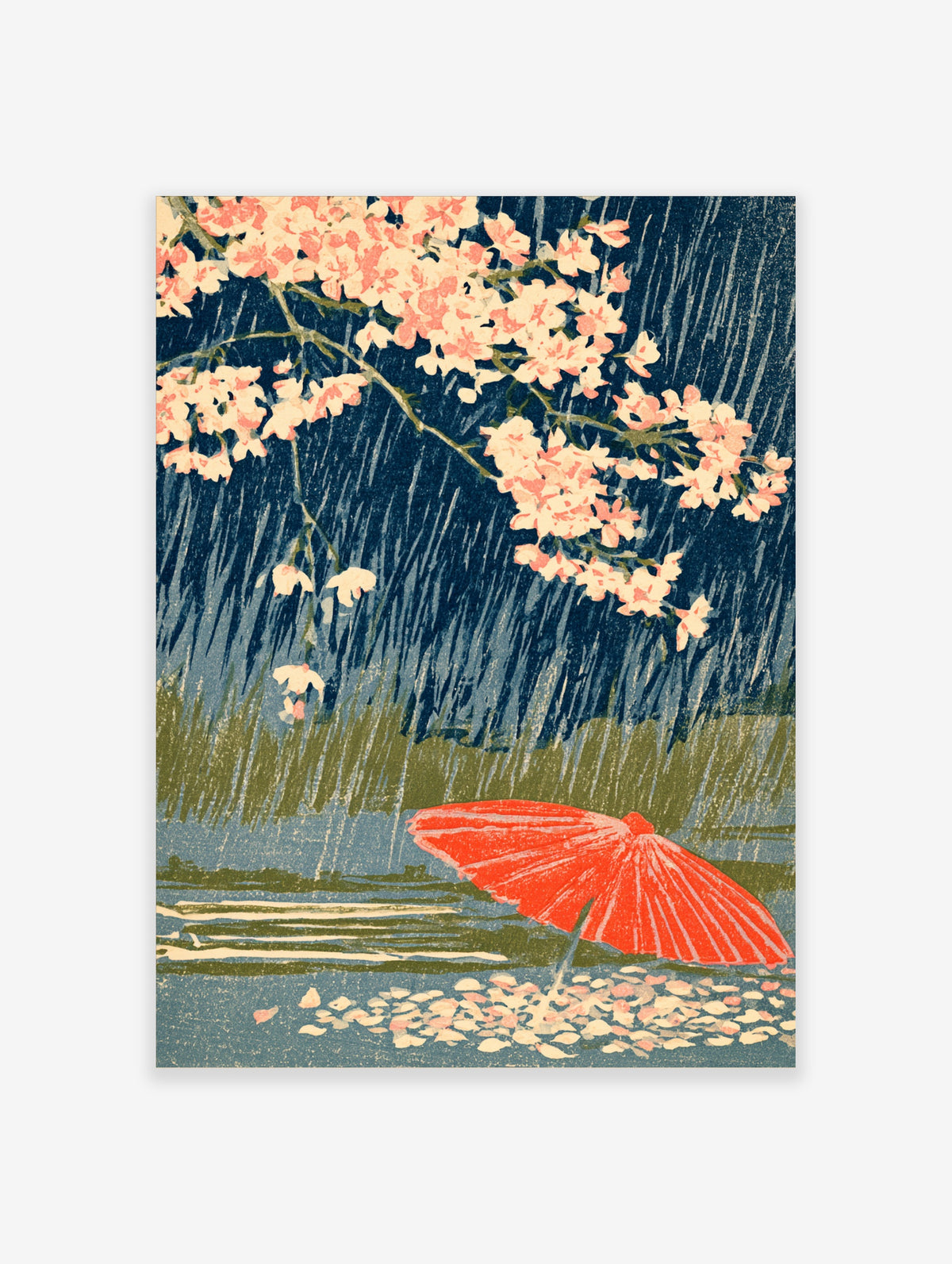 Japanese cherry blossom poster with pink flowers, rain, and red umbrella art print