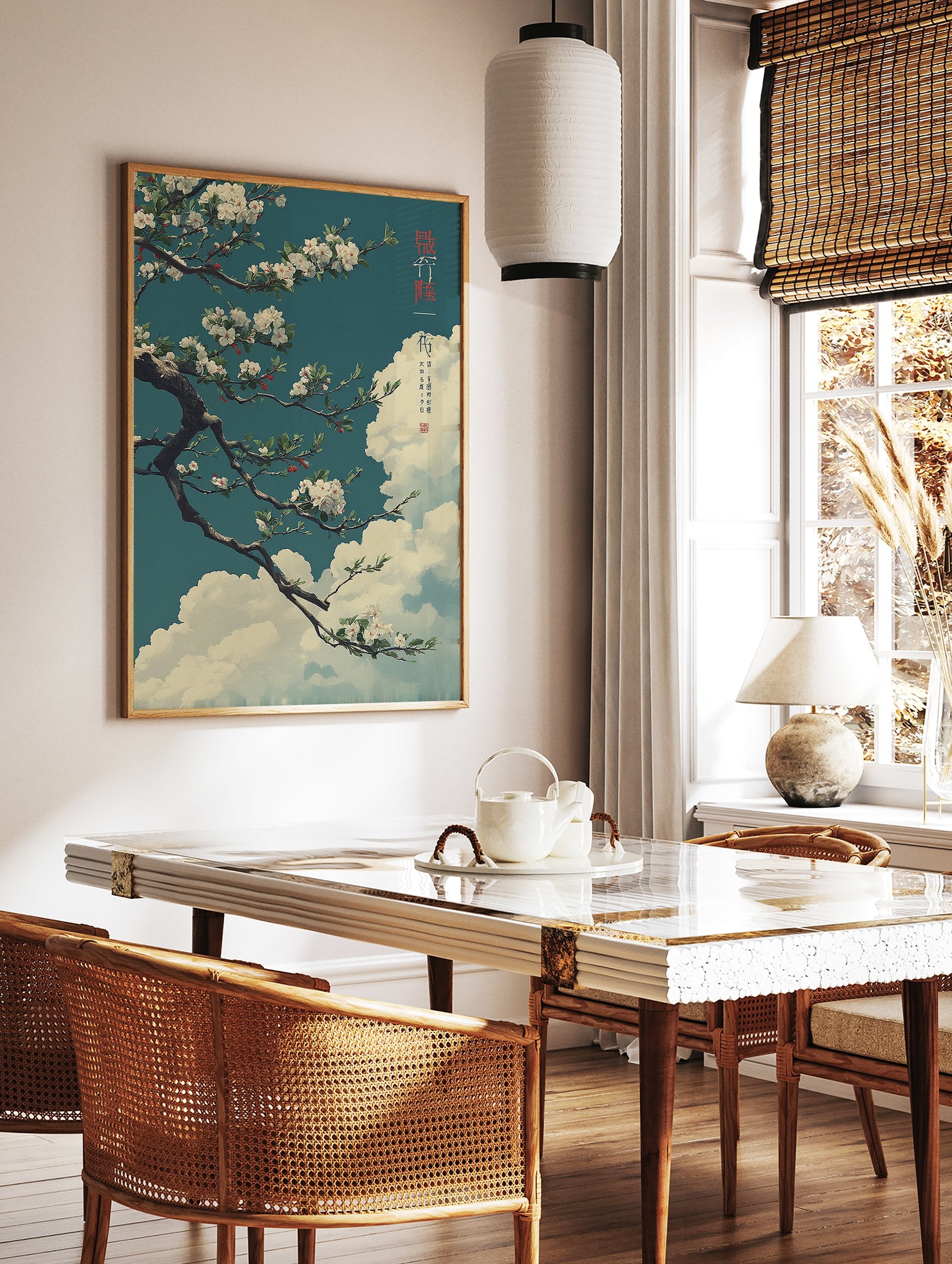 Japanese Cherry Blossom poster with white flowers on a tree branch against a teal sky and white clouds in traditional Asian art style. - Image 2