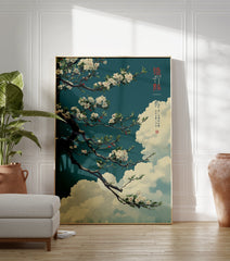 Japanese Cherry Blossom poster with white flowers on a tree branch against a teal sky and white clouds in traditional Asian art style. - Image 3