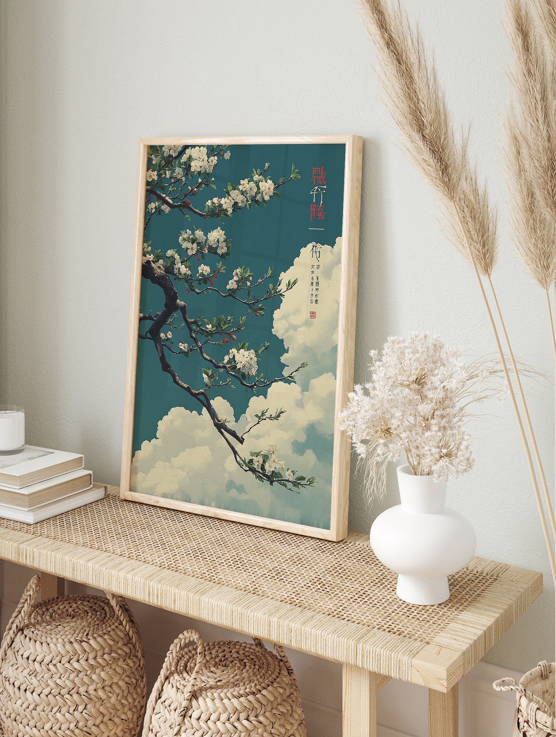 Japanese Cherry Blossom poster with white flowers on a tree branch against a teal sky and white clouds in traditional Asian art style. - Image 4