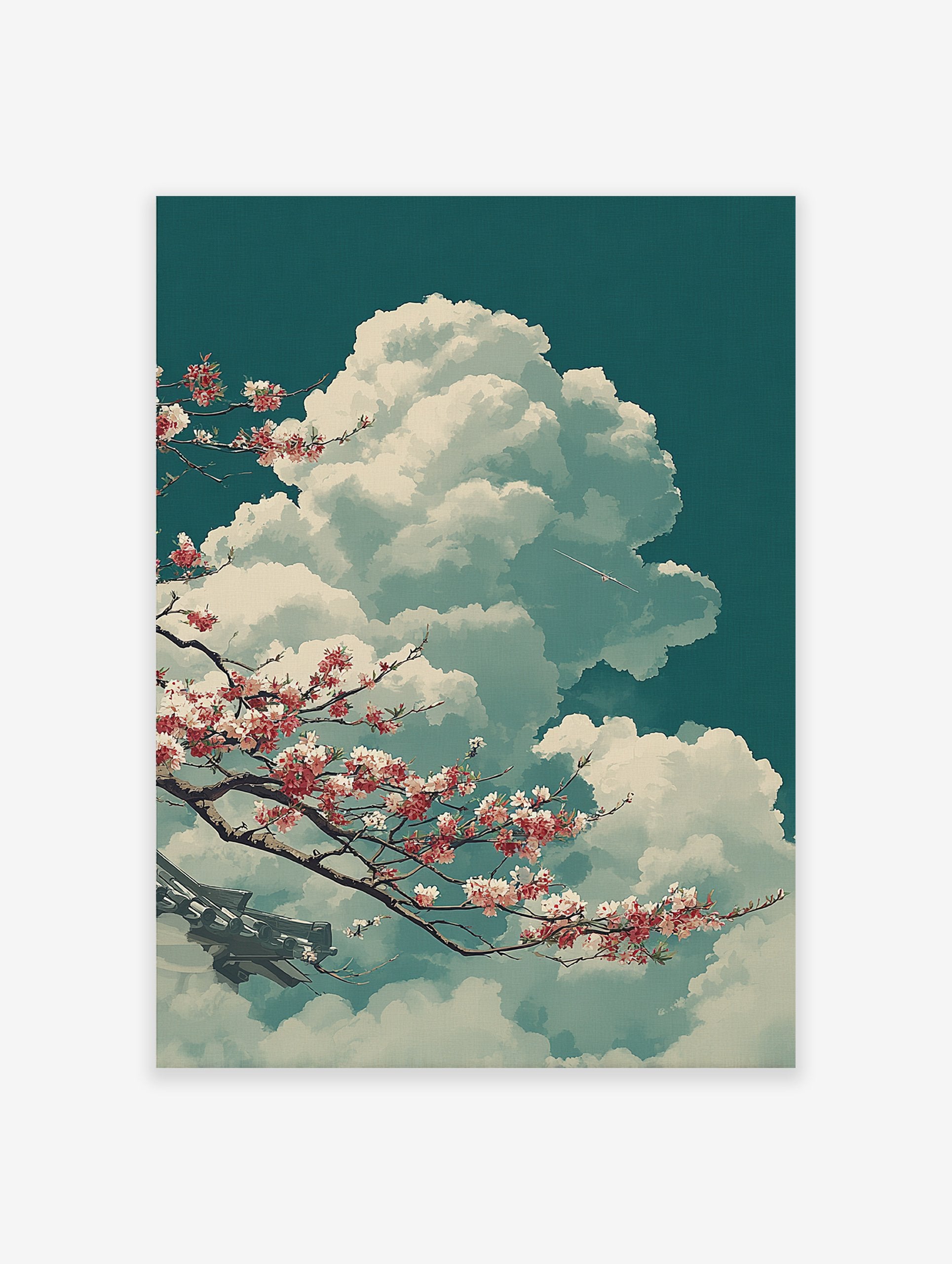 Japanese Cherry Blossom poster with pink flowers on branches, fluffy white clouds against a teal sky, and a traditional roof element.
