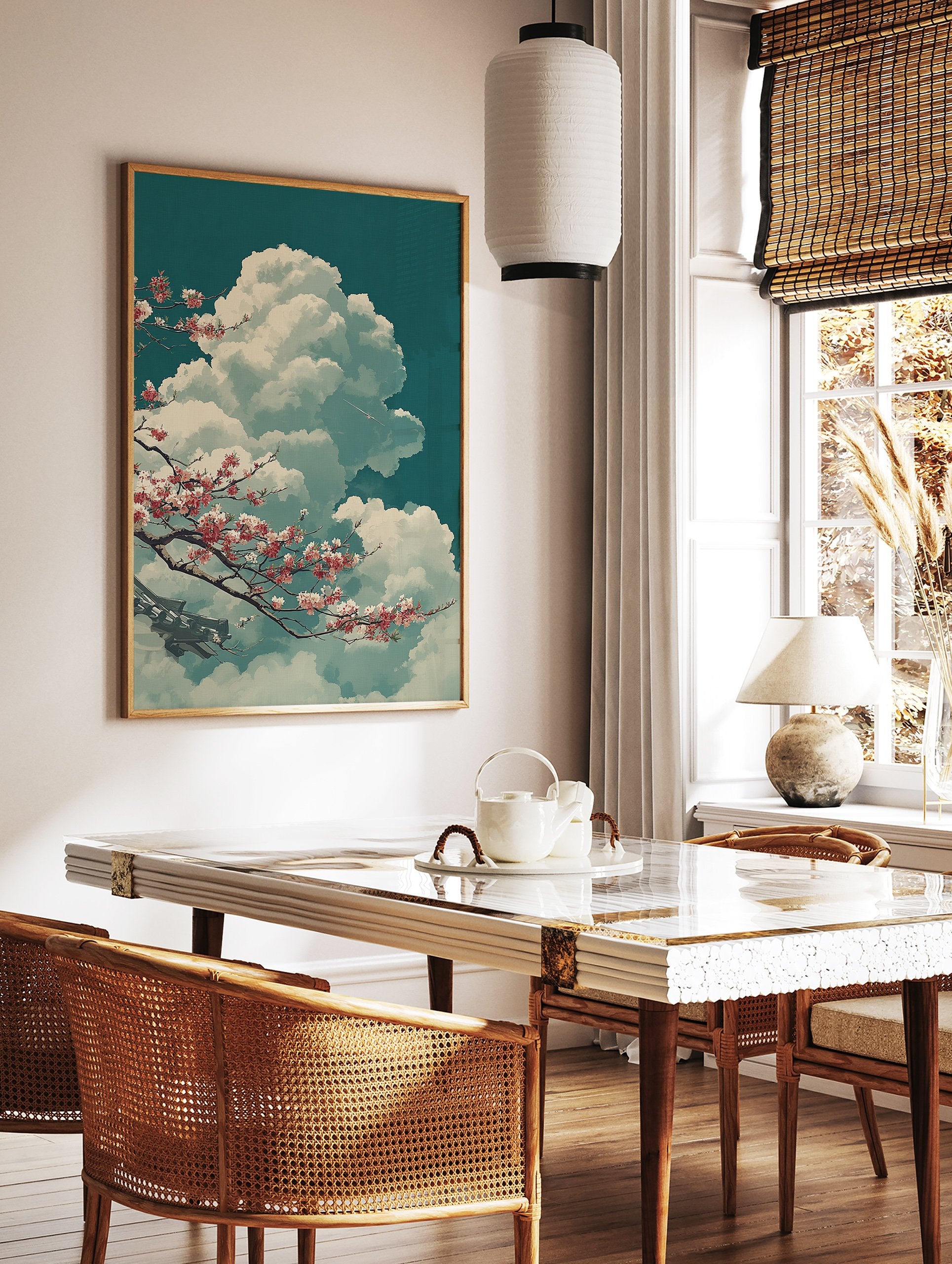 Japanese Cherry Blossom poster with pink flowers on branches, fluffy white clouds against a teal sky, and a traditional roof element. - Image 2
