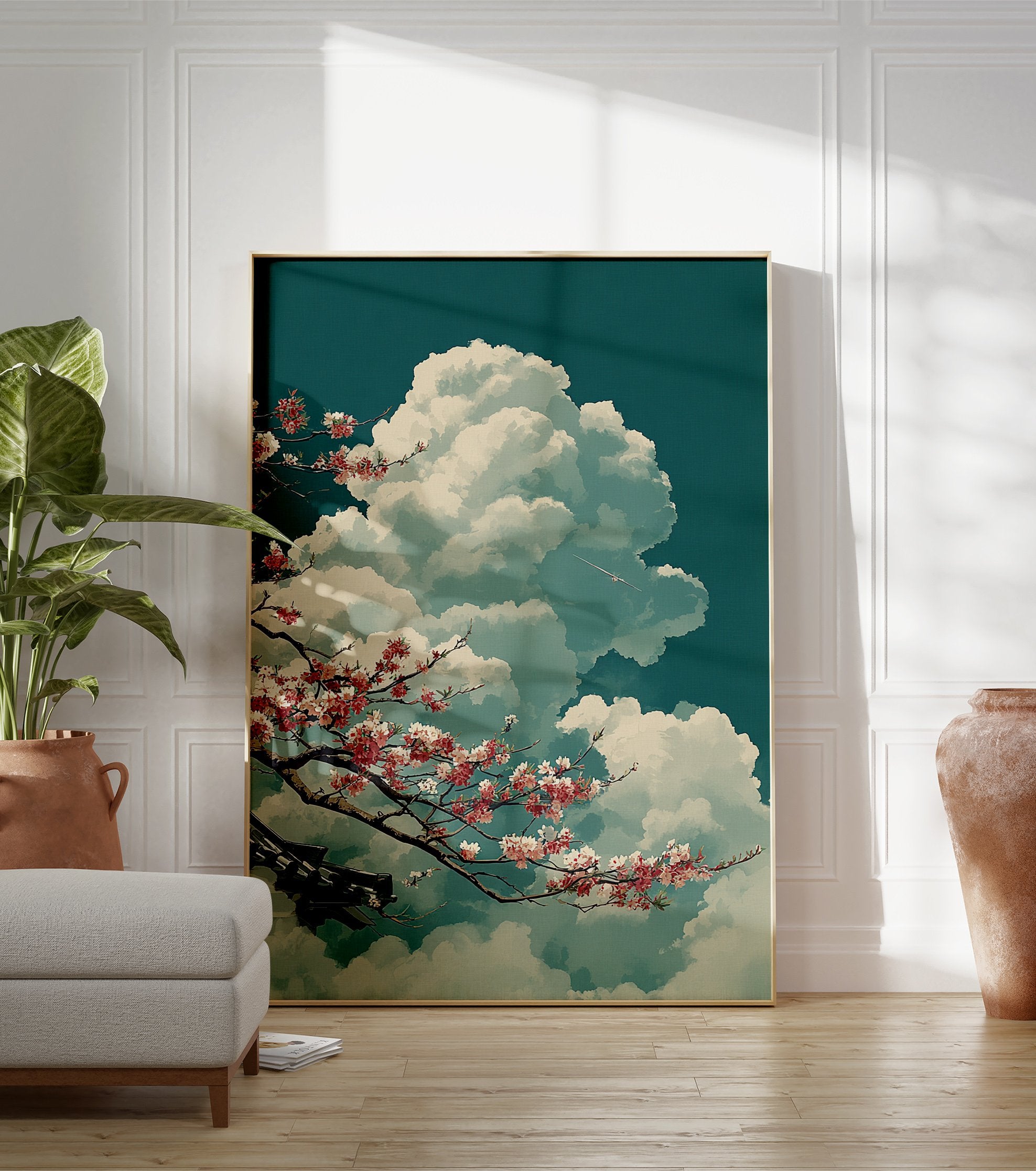 Japanese Cherry Blossom poster with pink flowers on branches, fluffy white clouds against a teal sky, and a traditional roof element. - Image 3