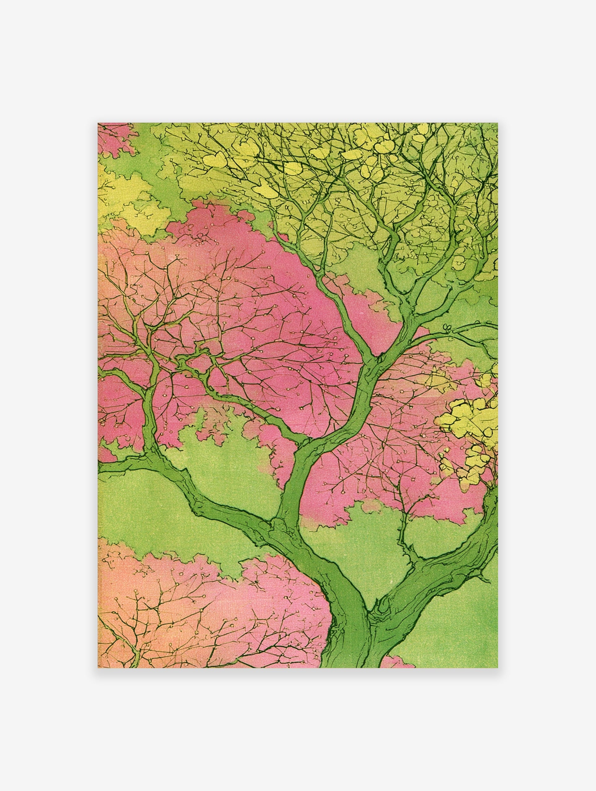 Japanese-inspired illustrative tree art print with pink blossoms and green foliage on a light green background