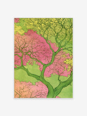 Japanese-inspired illustrative tree art print with pink blossoms and green foliage on a light green background