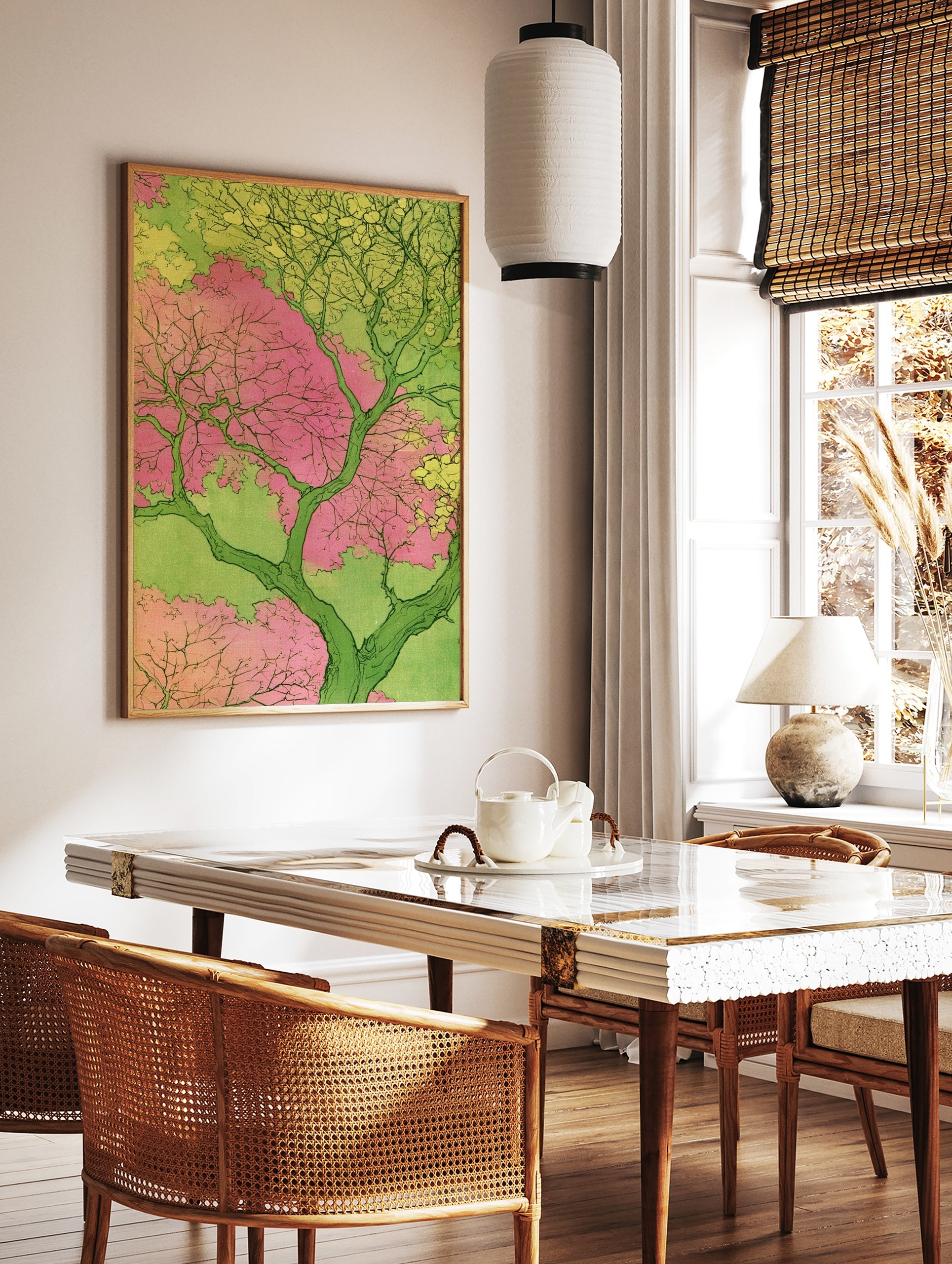 Japanese-inspired illustrative tree art print with pink blossoms and green foliage on a light green, in a styled room mockup