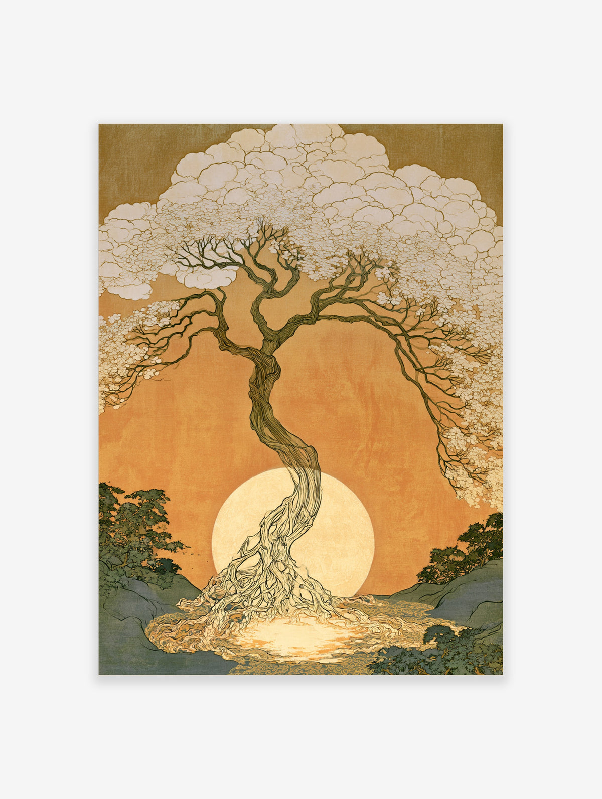 Japanese cherry blossom tree poster with twisted trunk, cream blossoms and golden sun on orange background