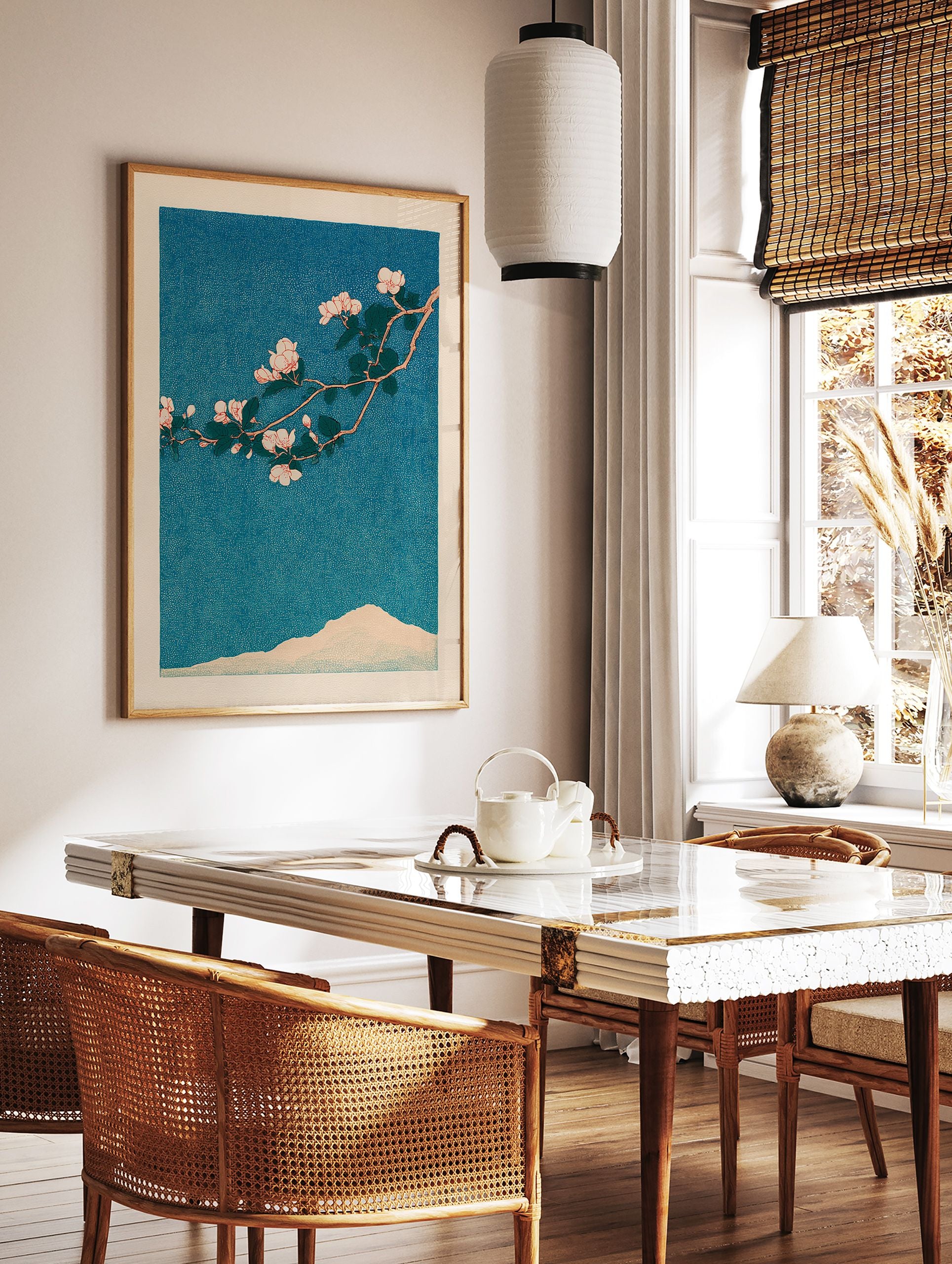 Japanese Cherry Blossom botanical art print with pink flowers on a branch, dark leaves, and a pale mountain against a blue sky. - Image 2