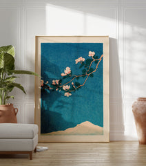 Japanese Cherry Blossom botanical art print with pink flowers on a branch, dark leaves, and a pale mountain against a blue sky. - Image 3