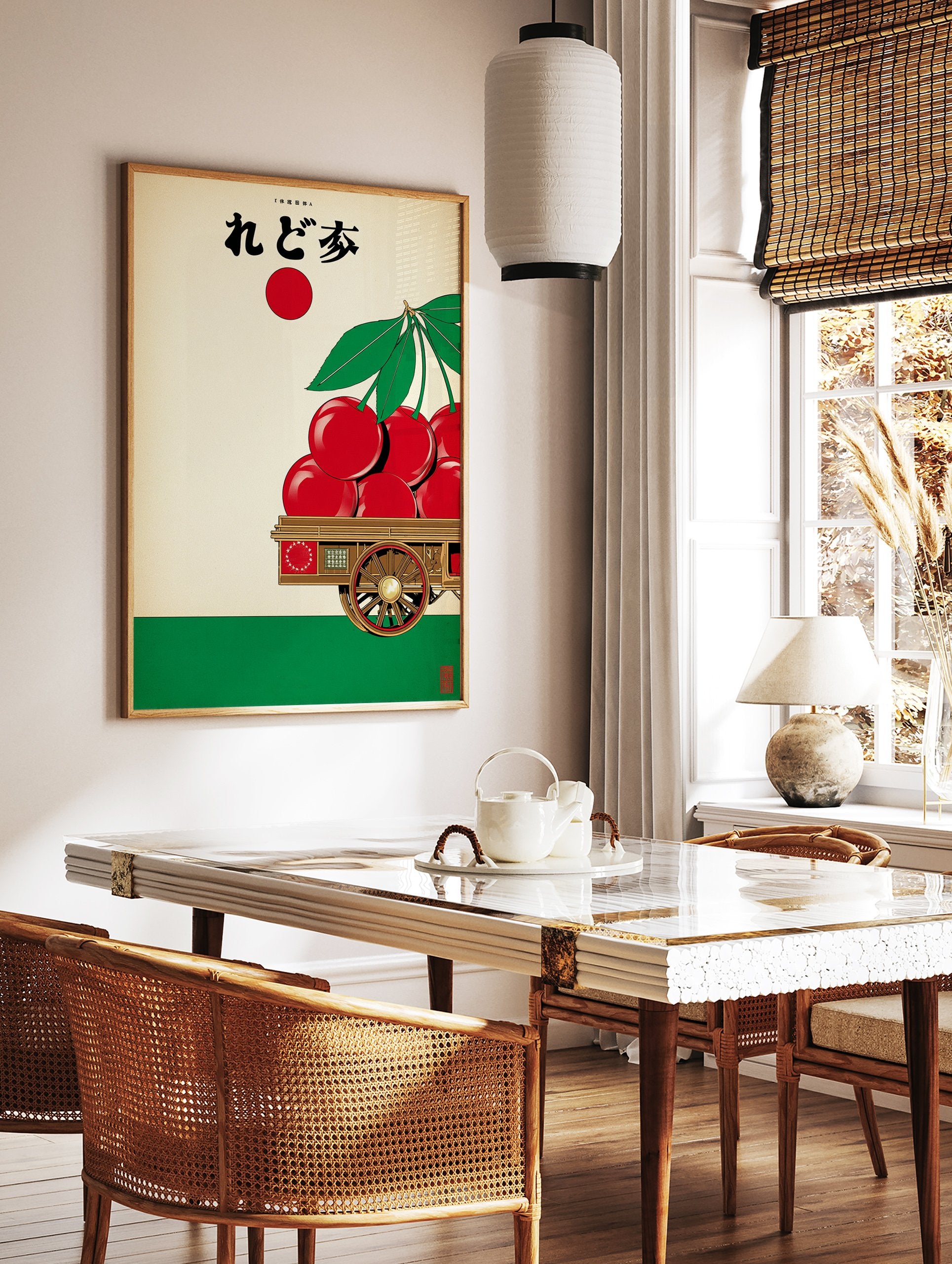 Japanese Cherry Poster featuring a red fruit cart with cherries and green leaves, a red sun, and Japanese text on a cream background. - Image 2