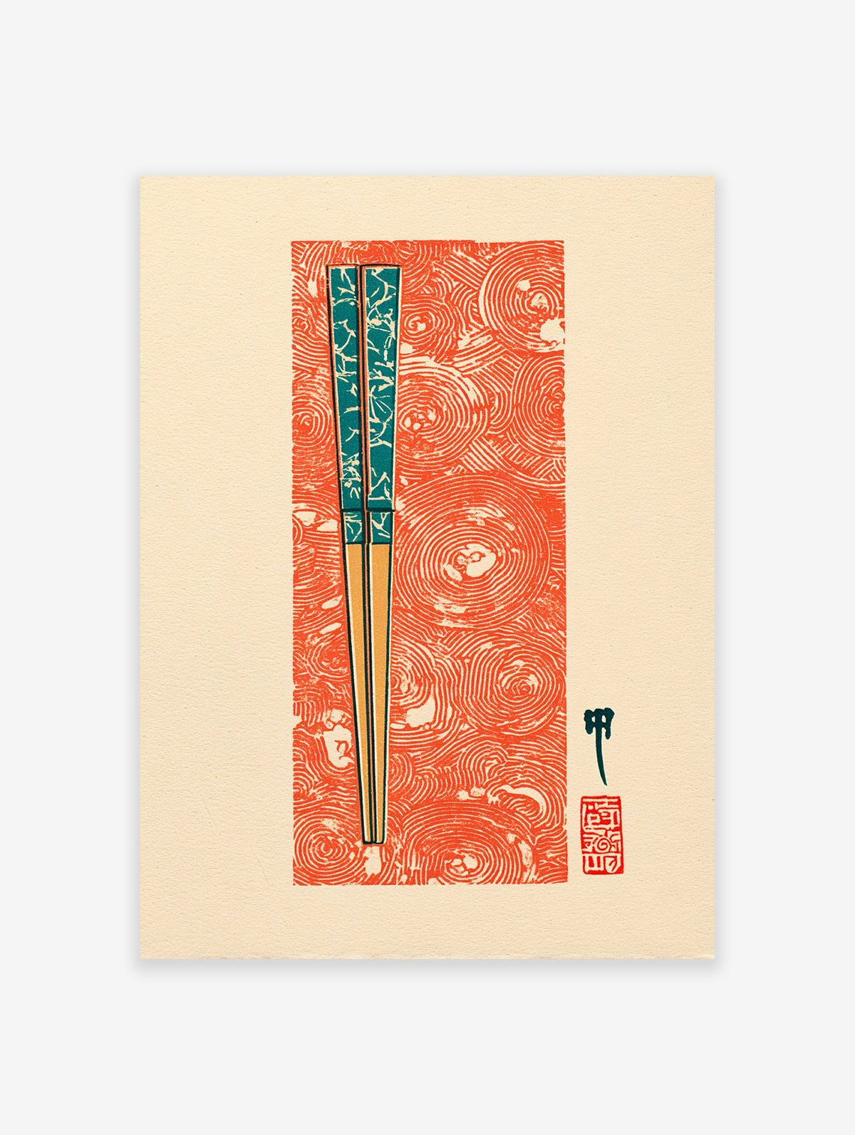 Japanese chopsticks wall art print with teal patterns on a vibrant red swirling background, featuring cultural symbols.