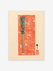 Japanese chopsticks wall art print with teal patterns on a vibrant red swirling background, featuring cultural symbols.