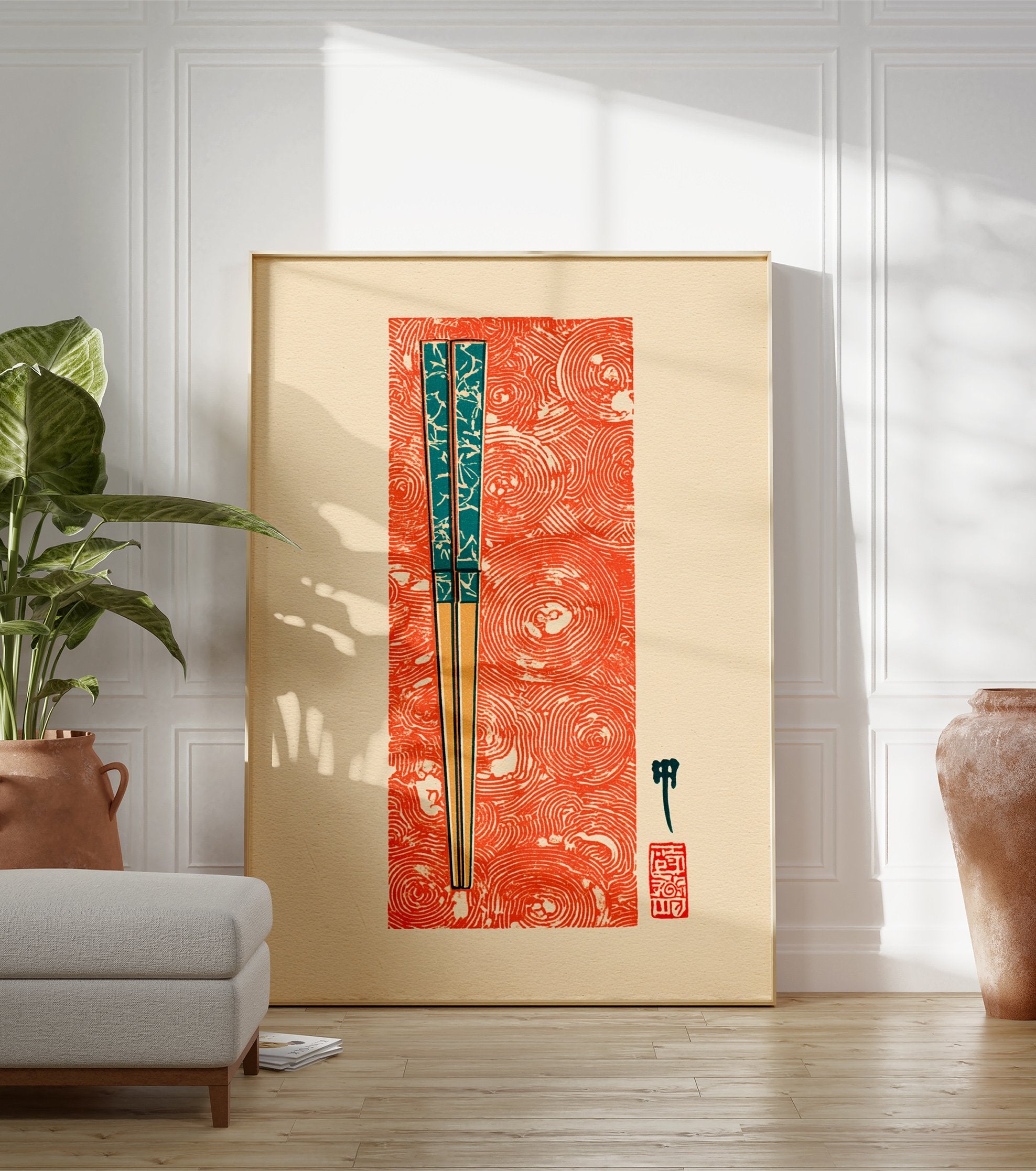 Japanese chopsticks wall art print with teal patterns on a vibrant red swirling background, featuring cultural symbols. - Image 3