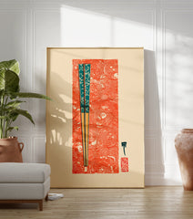 Japanese chopsticks wall art print with teal patterns on a vibrant red swirling background, featuring cultural symbols. - Image 3