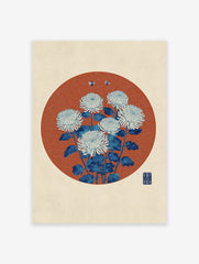 Japanese Chrysanthemum Wall Art print featuring white flowers, blue leaves, and bees on a red wave pattern circle.