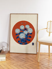 Japanese Chrysanthemum Wall Art print featuring white flowers, blue leaves, and bees on a red wave pattern circle. - Image 2