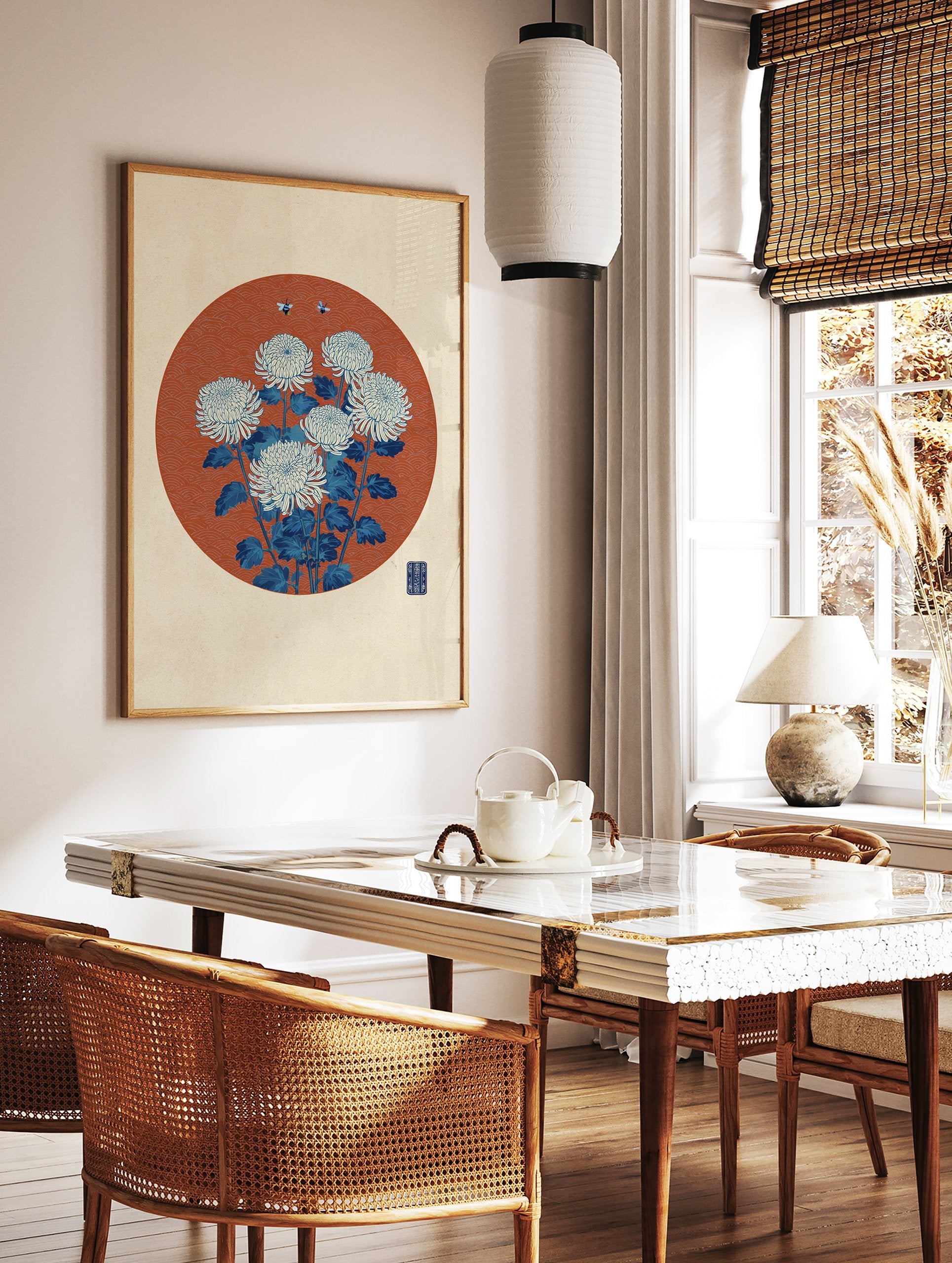 Japanese Chrysanthemum Wall Art print featuring white flowers, blue leaves, and bees on a red wave pattern circle. - Image 3