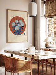 Japanese Chrysanthemum Wall Art print featuring white flowers, blue leaves, and bees on a red wave pattern circle. - Image 3