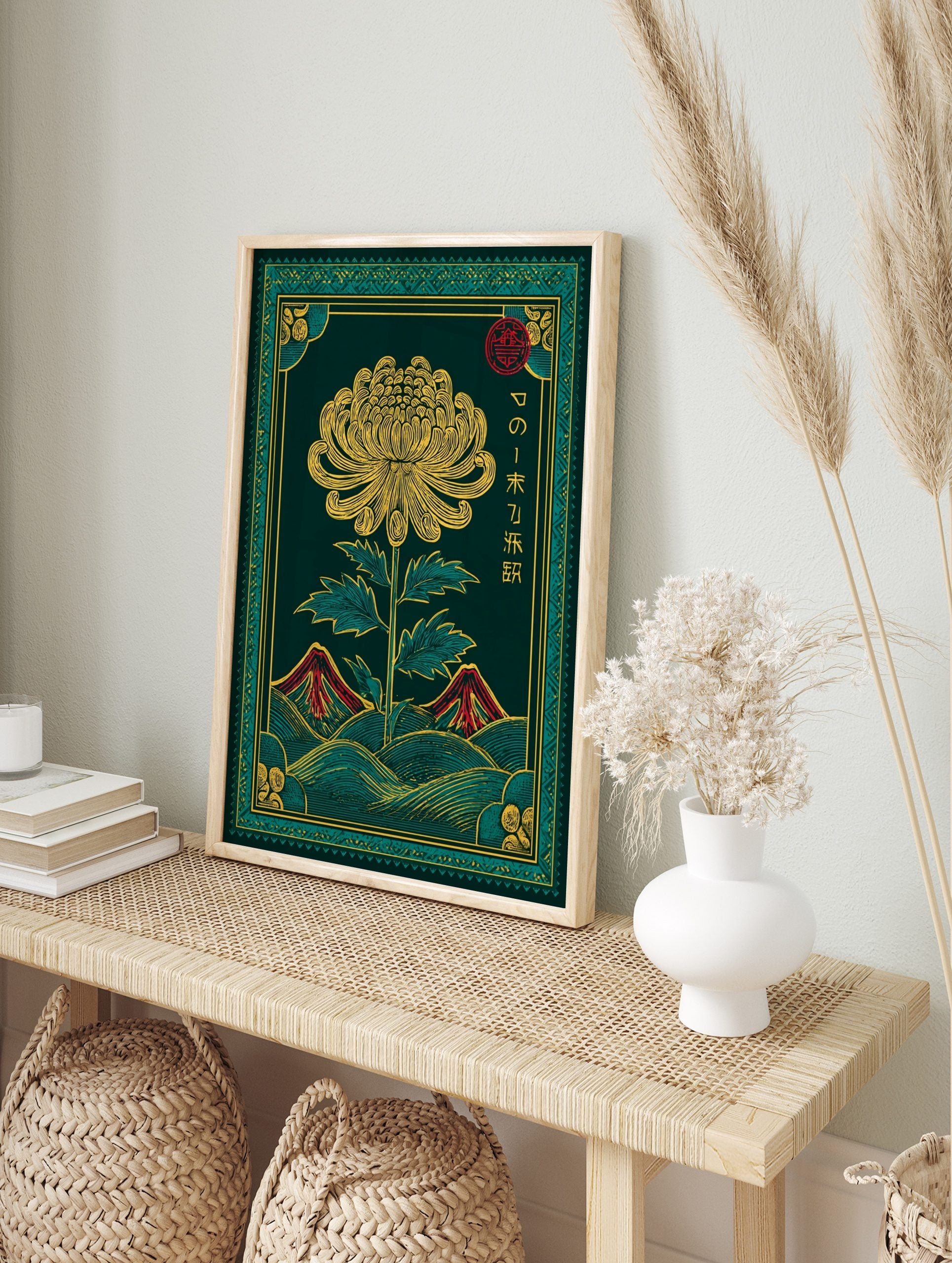 Japanese chrysanthemum flower wall art with yellow petals, green leaves, red mountains, and, in an alternate framed mockup