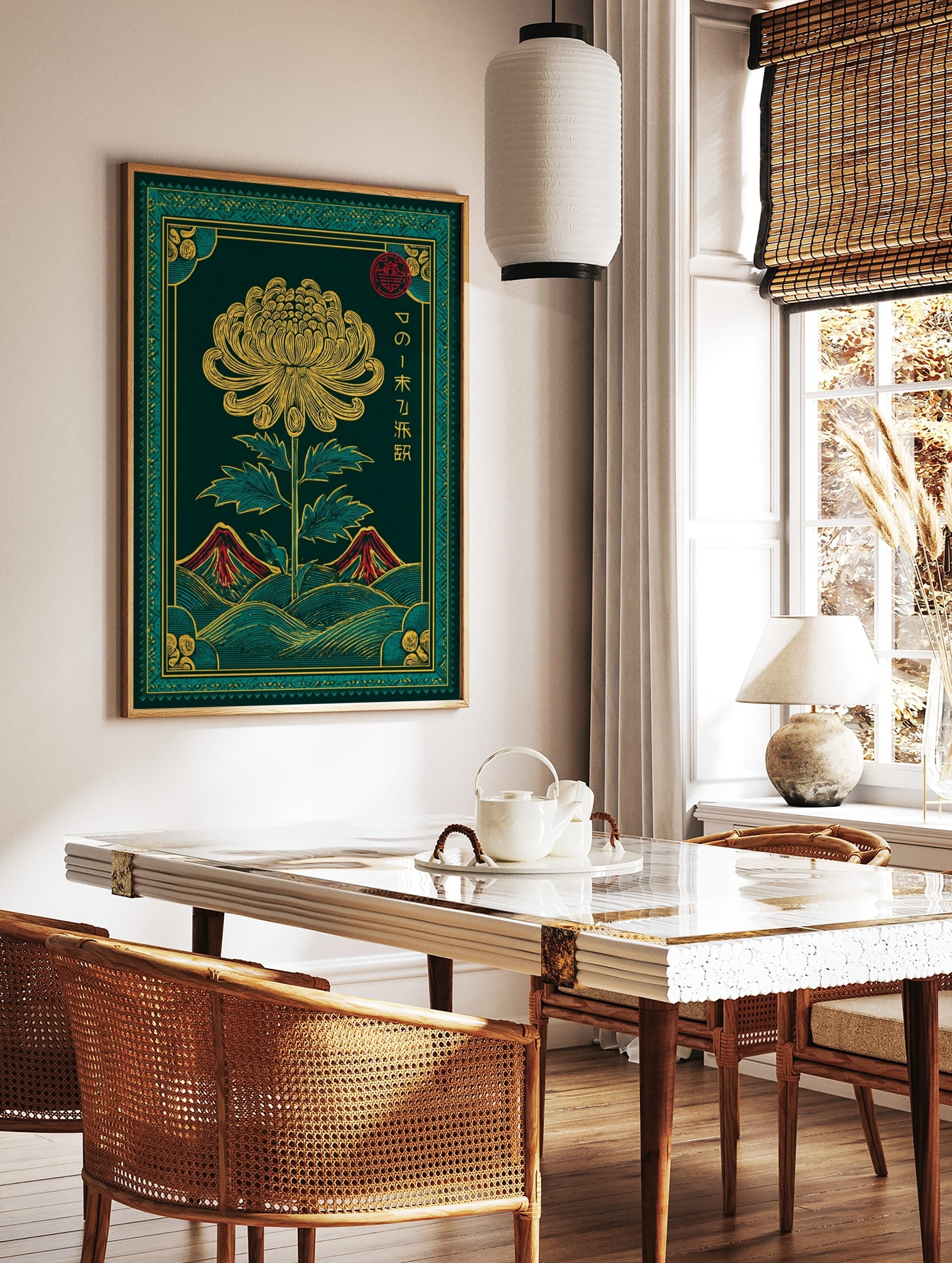 Japanese chrysanthemum flower wall art with yellow petals, green leaves, red mountains, and, in a styled room mockup