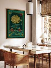Japanese chrysanthemum flower wall art with yellow petals, green leaves, red mountains, and, in a styled room mockup