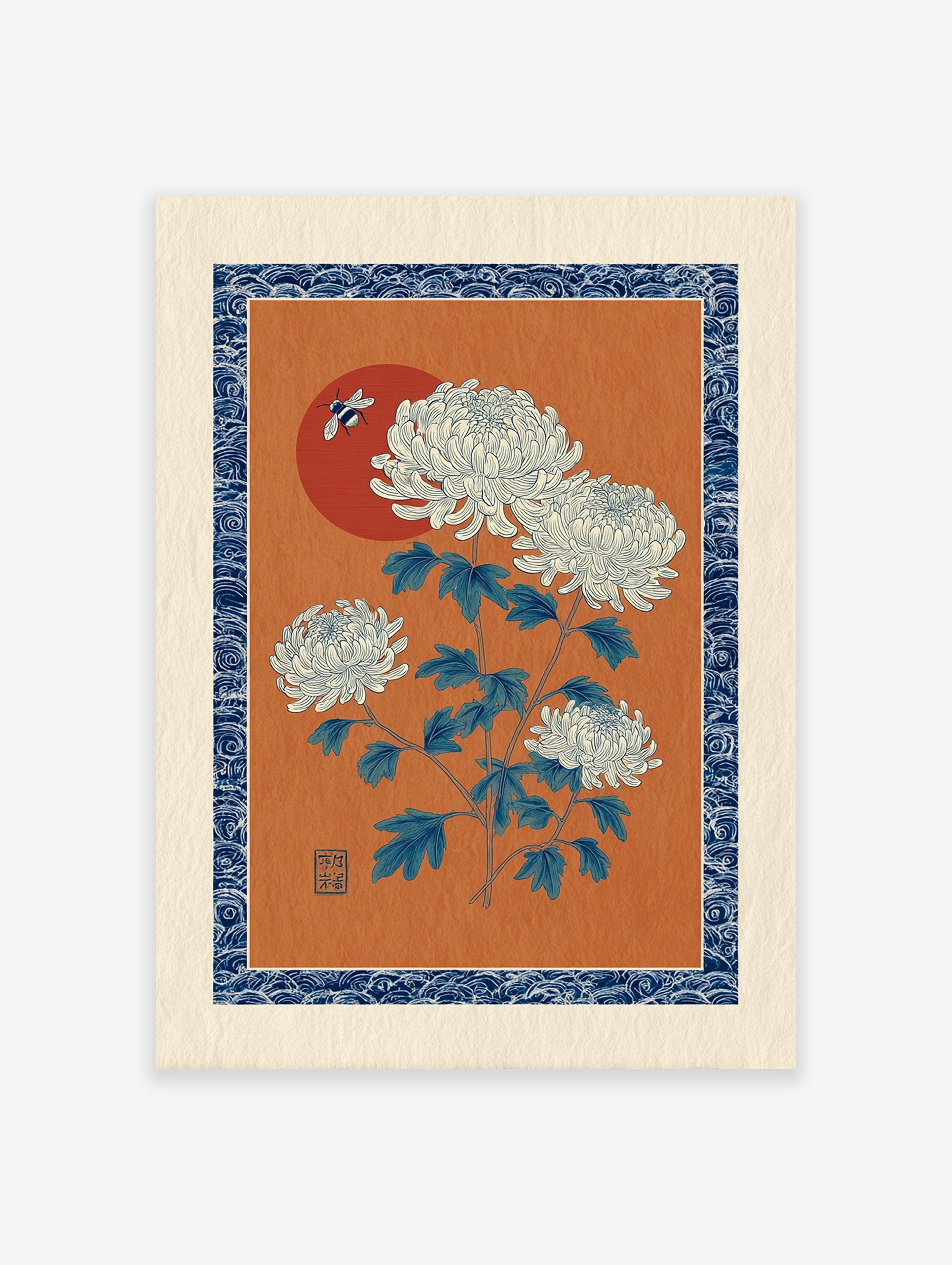 Japanese Chrysanthemum botanical art print with white flowers, blue leaves, a bee, and a red sun on an orange background.