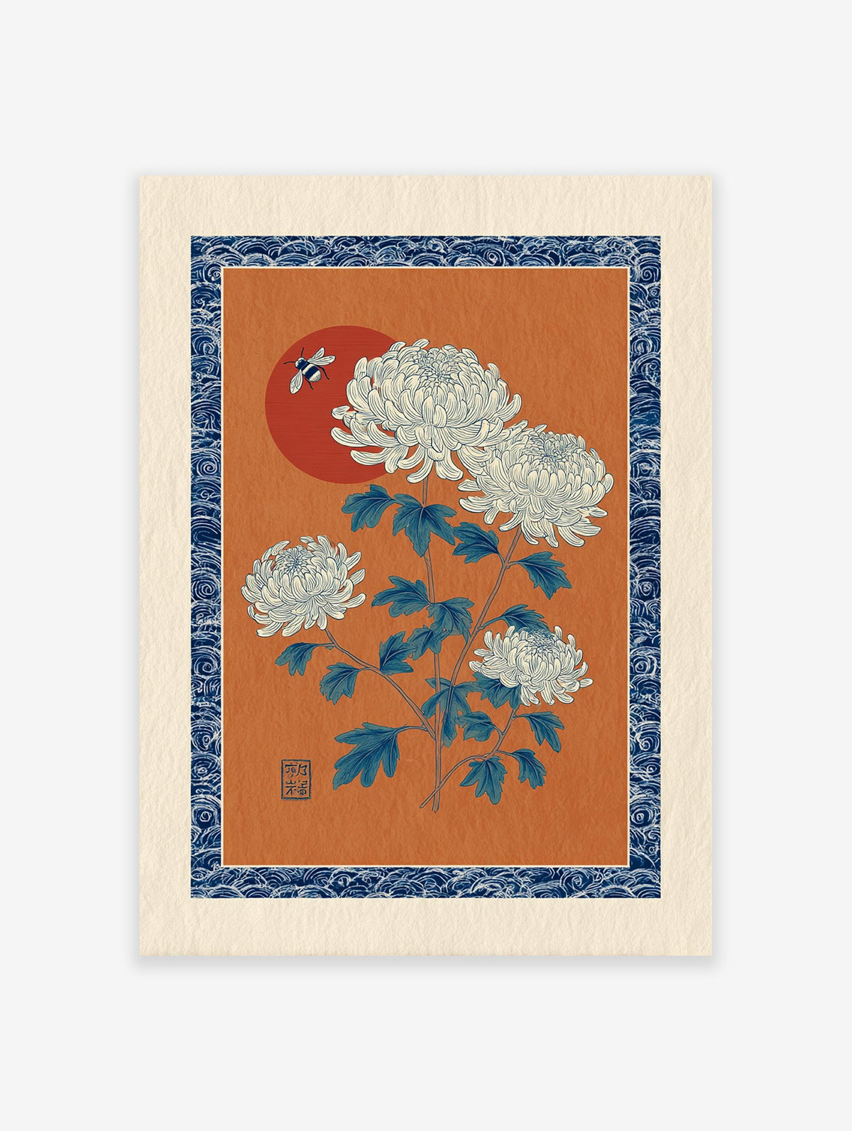 Japanese Chrysanthemum botanical art print with white flowers, blue leaves, a bee, and a red sun on an orange background.