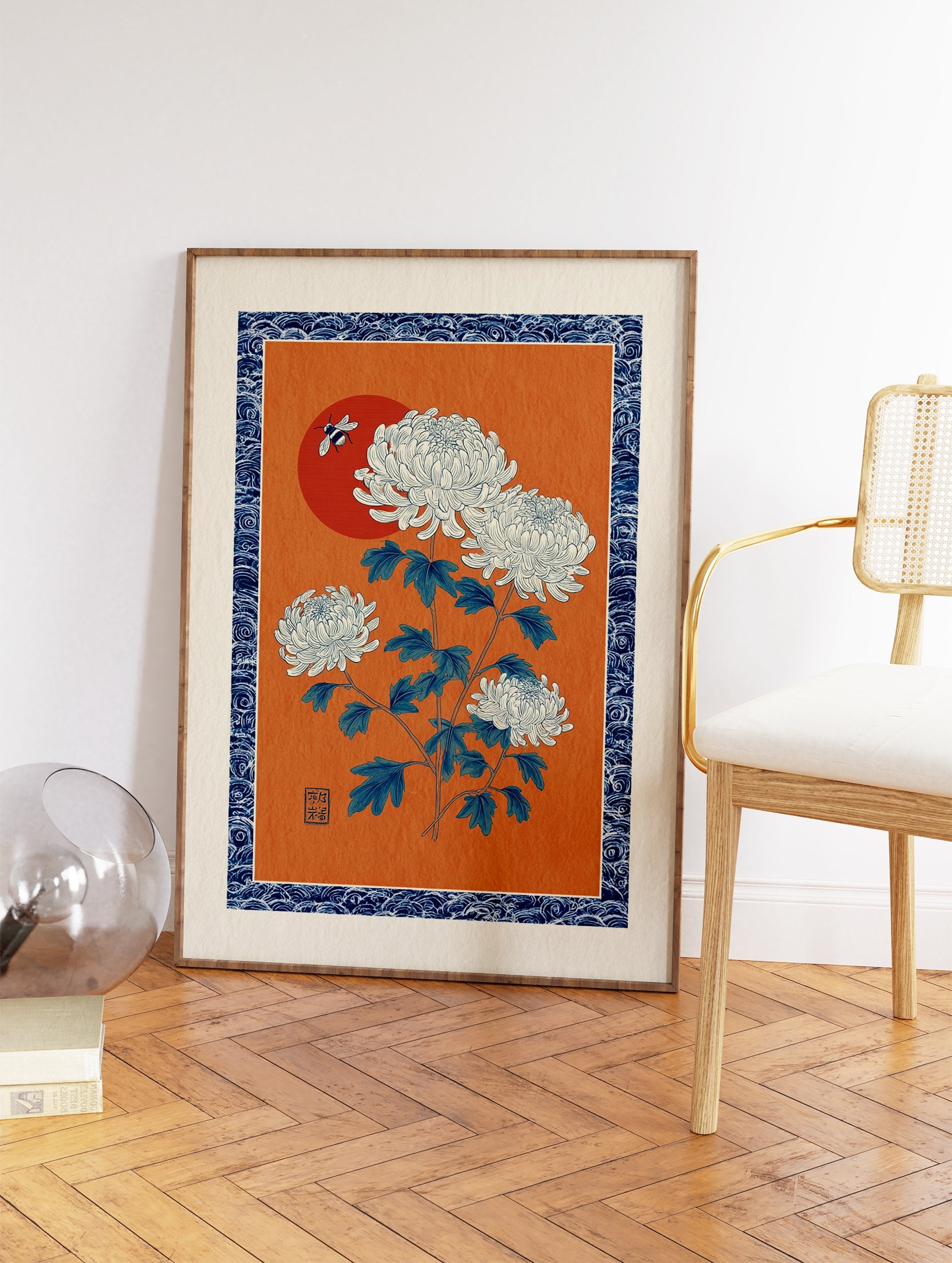 Japanese Chrysanthemum botanical art print with white flowers, blue leaves, a bee, and a red sun on an orange background. - Image 2