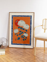 Japanese Chrysanthemum botanical art print with white flowers, blue leaves, a bee, and a red sun on an orange background. - Image 2