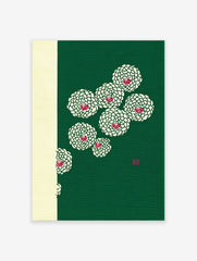 Japanese green chrysanthemum botanical wall art print with red centers and "Zen" character on green and cream background.