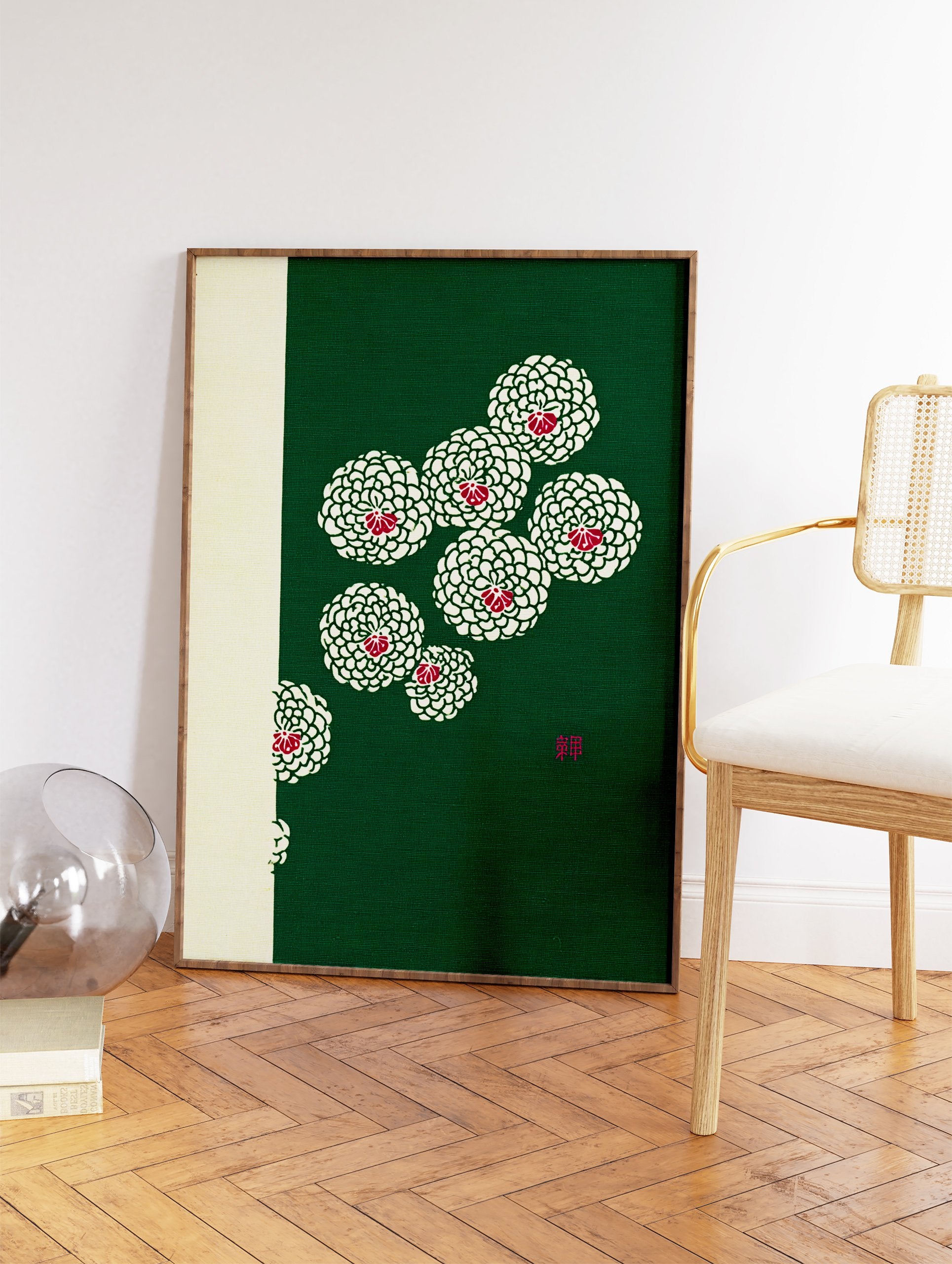 Japanese green chrysanthemum botanical wall art print with red centers and "Zen" character on green and cream background. - Image 2