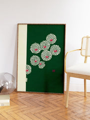 Japanese green chrysanthemum botanical wall art print with red centers and "Zen" character on green and cream background. - Image 2
