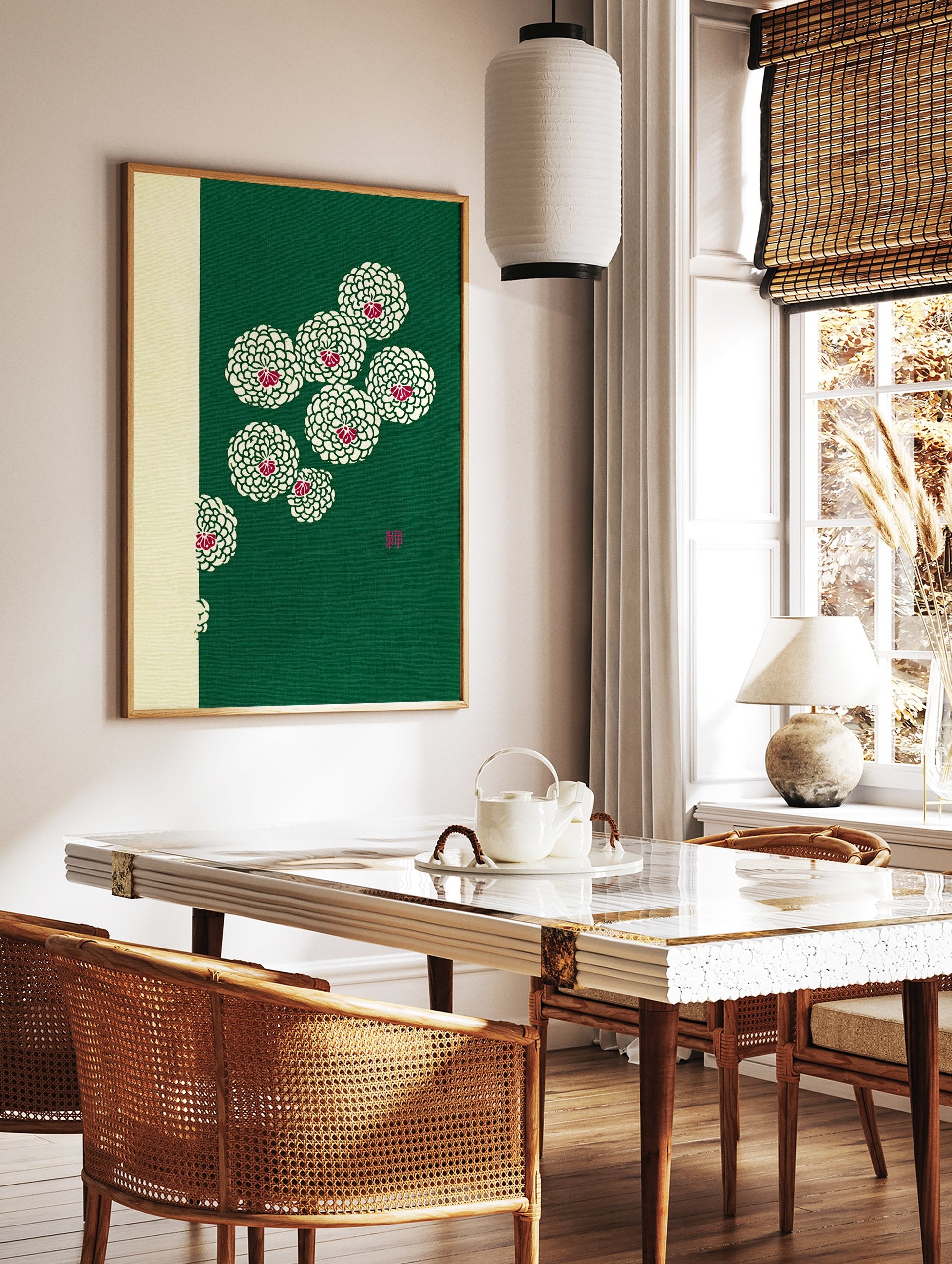 Japanese green chrysanthemum botanical wall art print with red centers and "Zen" character on green and cream background. - Image 3