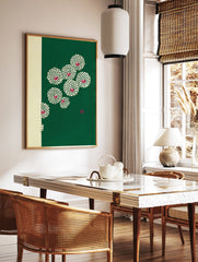 Japanese green chrysanthemum botanical wall art print with red centers and "Zen" character on green and cream background. - Image 3