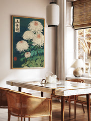 Japanese ukiyo-e style botanical wall art featuring white chrysanthemums with pink centers and green leaves on a dark blue background. - Image 2