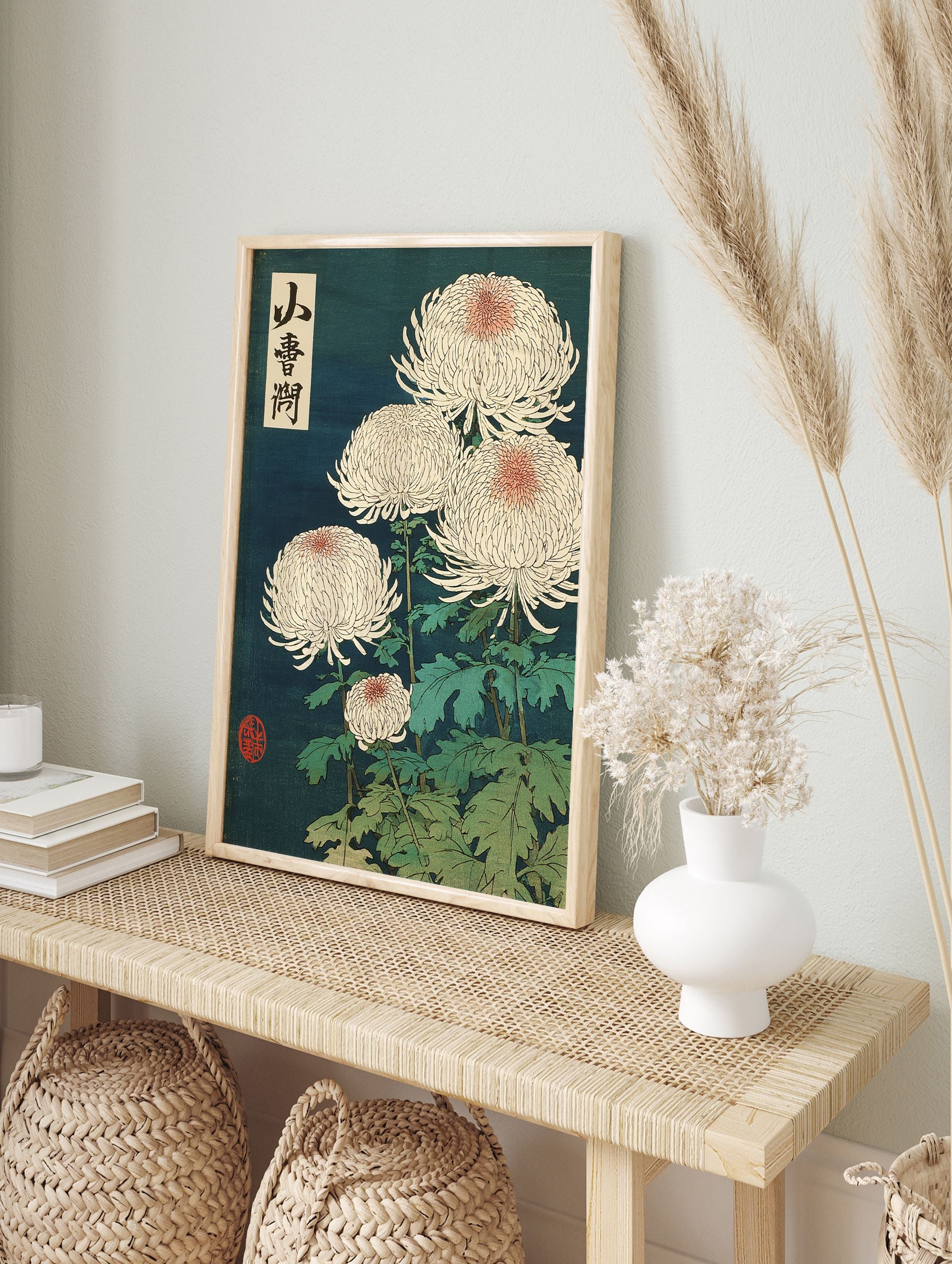 Japanese ukiyo-e style botanical wall art featuring white chrysanthemums with pink centers and green leaves on a dark blue background. - Image 3
