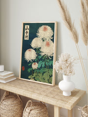 Japanese ukiyo-e style botanical wall art featuring white chrysanthemums with pink centers and green leaves on a dark blue background. - Image 3