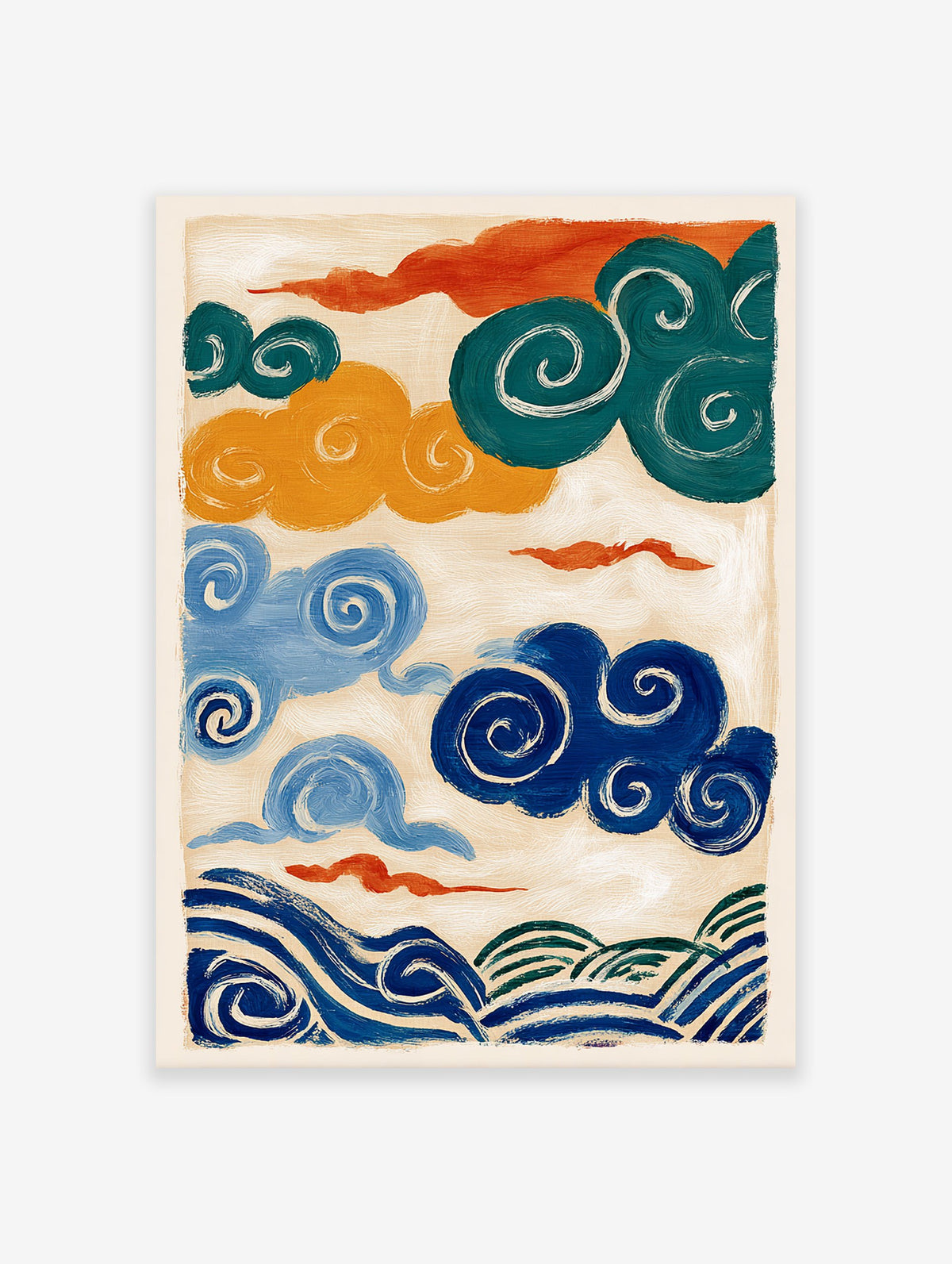 Abstract Japanese style wall art painting featuring colorful swirling clouds in teal, orange, yellow, blue, and dynamic waves.