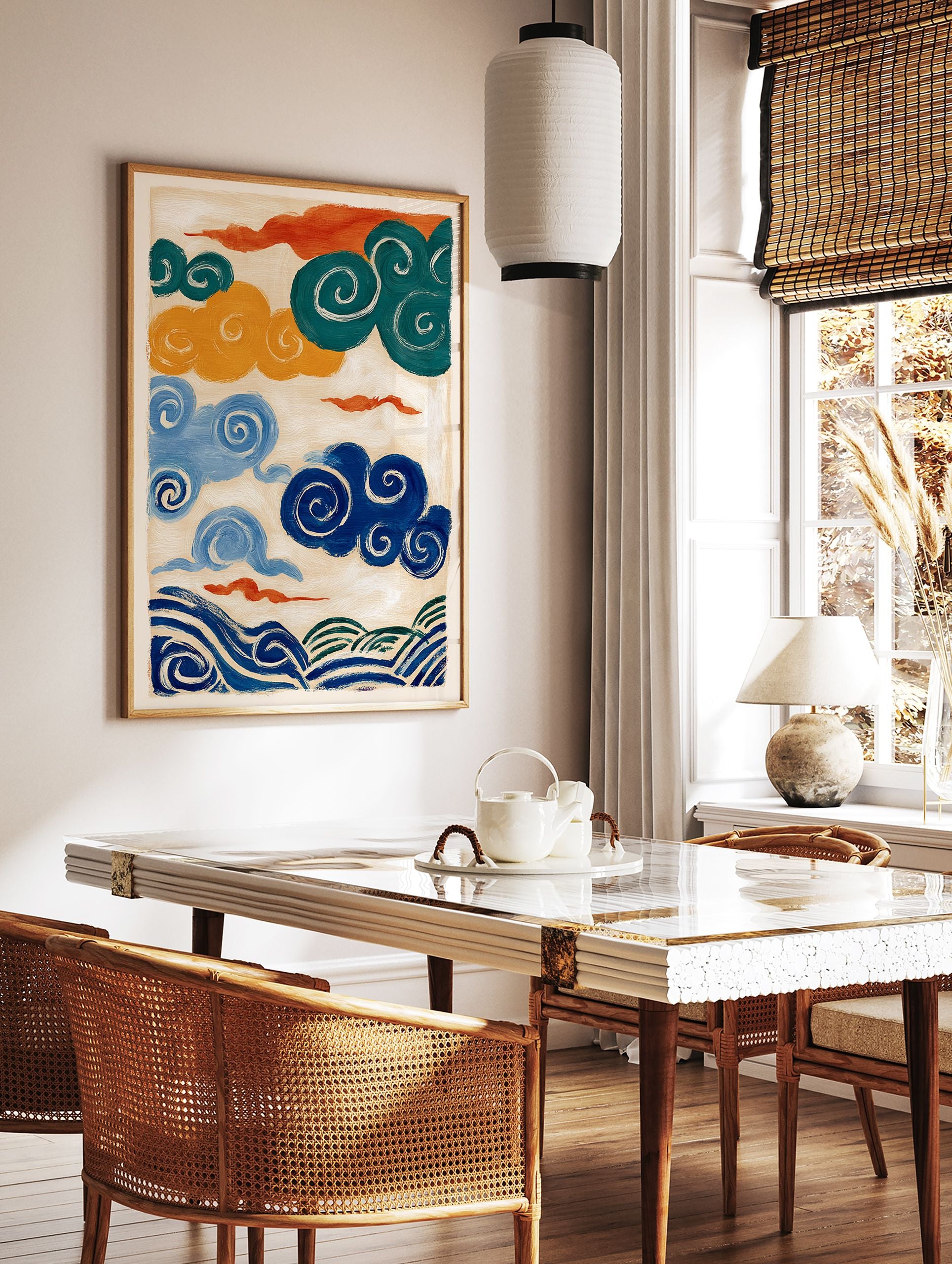 Abstract Japanese style wall art painting featuring colorful swirling clouds in teal, orange, yellow, blue, and dynamic waves. - Image 2