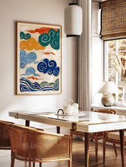 Abstract Japanese style wall art painting featuring colorful swirling clouds in teal, orange, yellow, blue, and dynamic waves. - Image 2