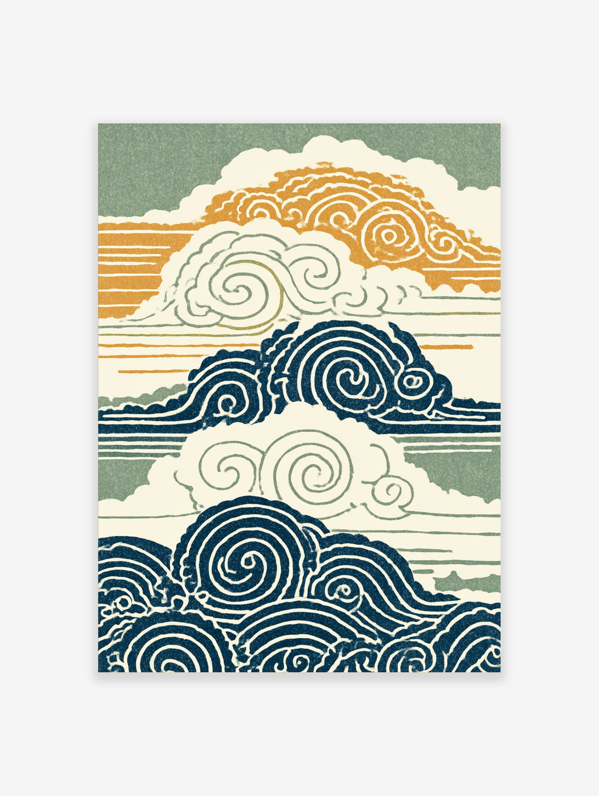 Japanese cloud and wave art print with navy swirling linework, gold clouds and sage green bands